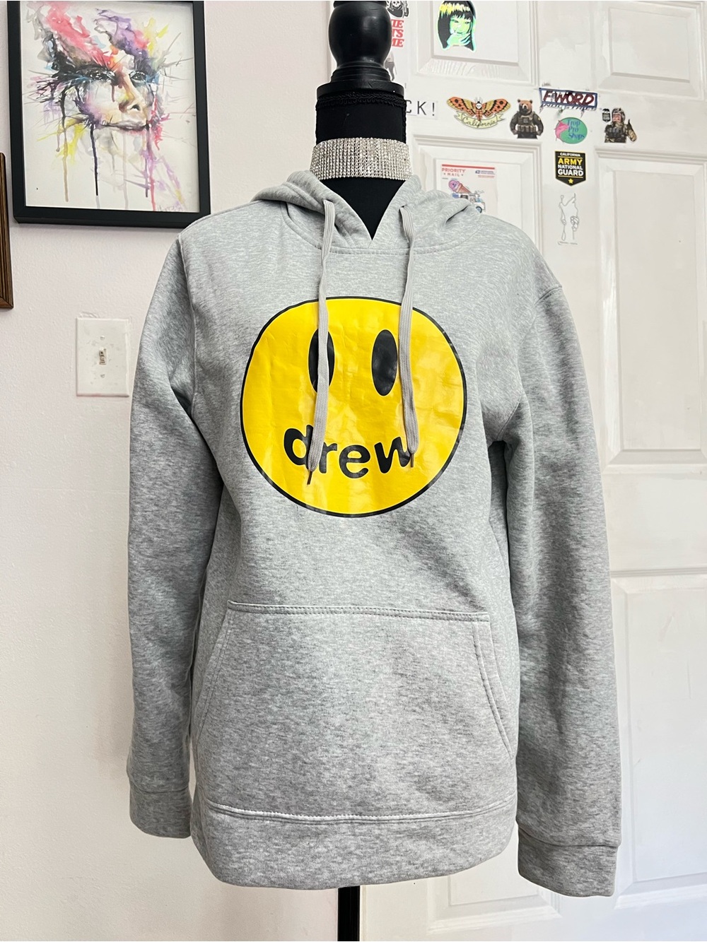 Drew House Gray Crewneck Sweatshirt with Yellow Smile Logo